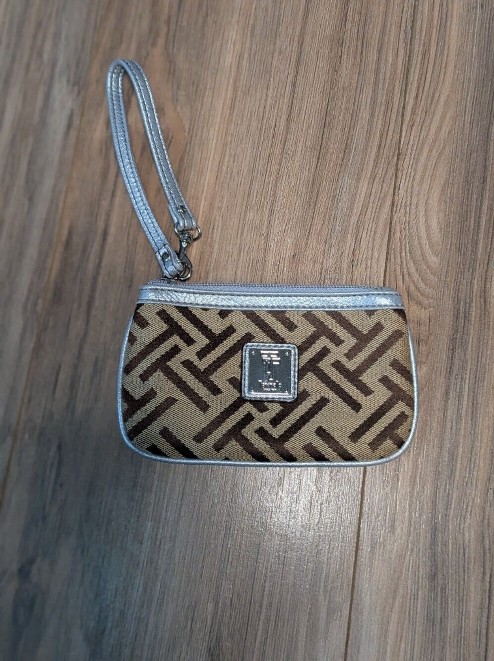 Tignanello Signature Logo Wristlet, Metallic Trim, Clutch, Zipper Pouch